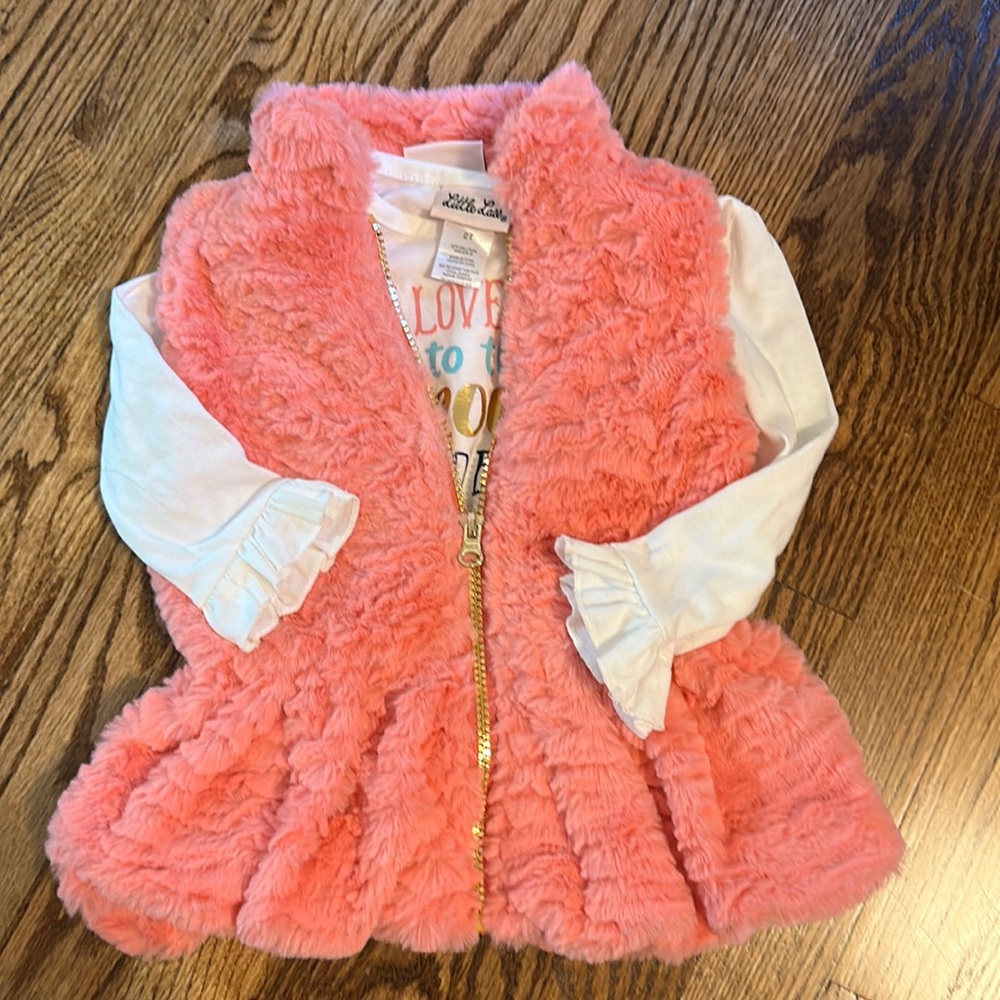Little Lass vest and shirt set - pink fuzzy vest - love you to the moon and back